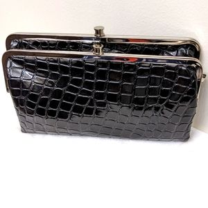 Diverso Italy Double Frame Black Shiny Croc Embossed Wallet Clutch